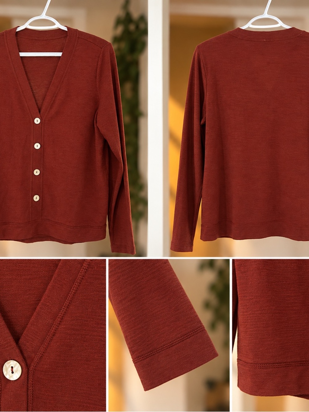 Rust Red V-Neck Button Sweater - Women